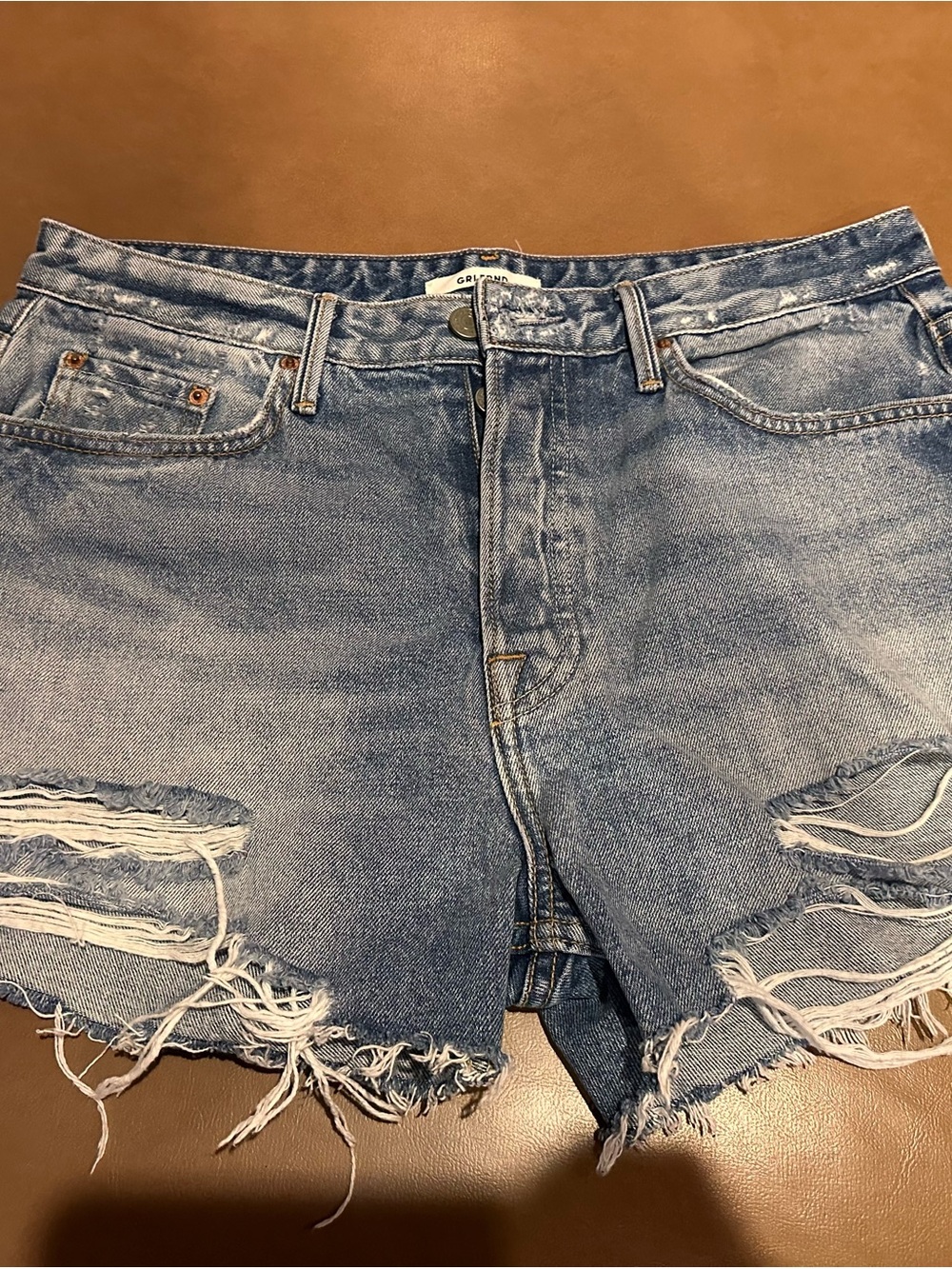 GRLFRND Light Blue Distressed Denim Shorts